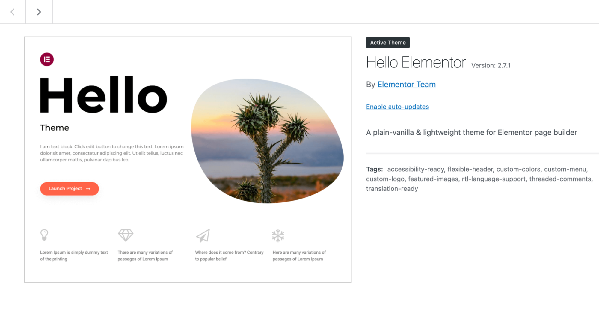 Thème actif - Hello Elementor
