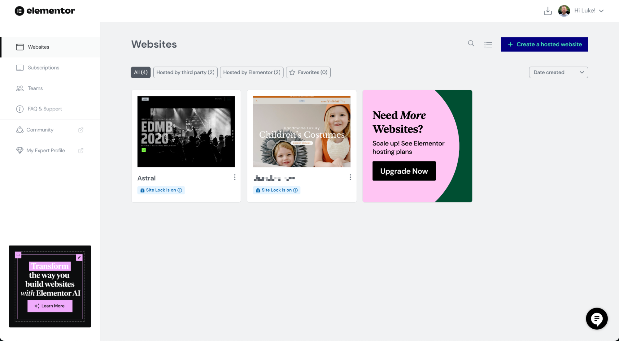 Painel de controle do Elementor Hosting