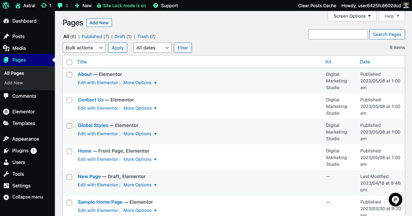 Uma lista de páginas no painel do WordPress