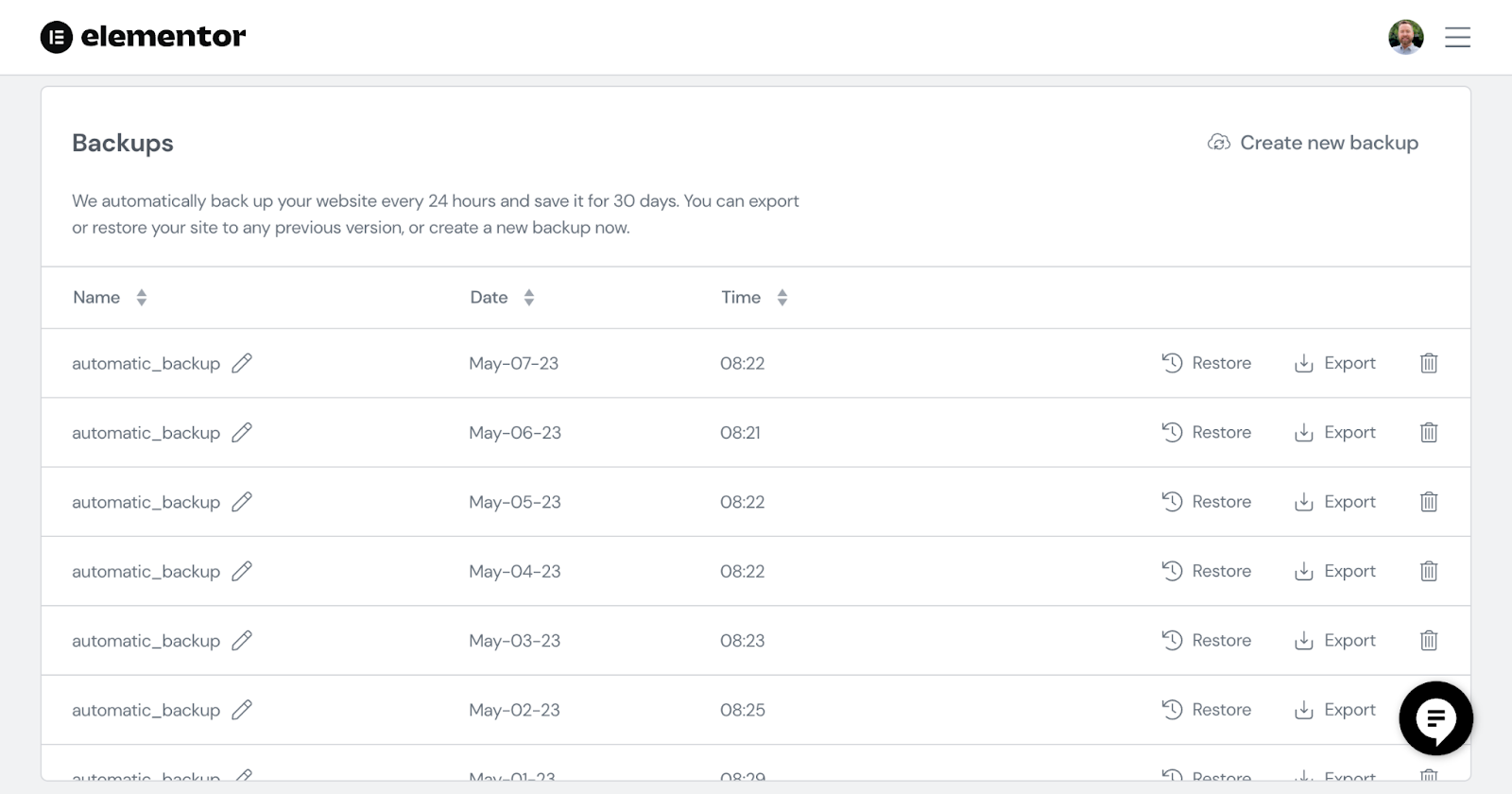 Backups automáticos do WordPress com Elementor Hosting