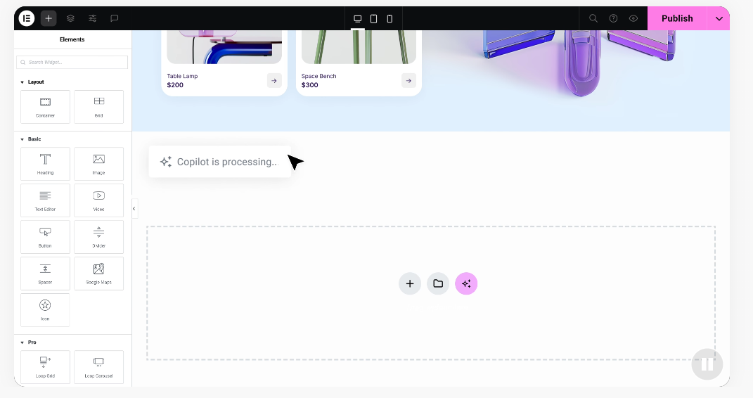 Elementor Website Builder interface showing drag-and-drop visual page creation on WordPress