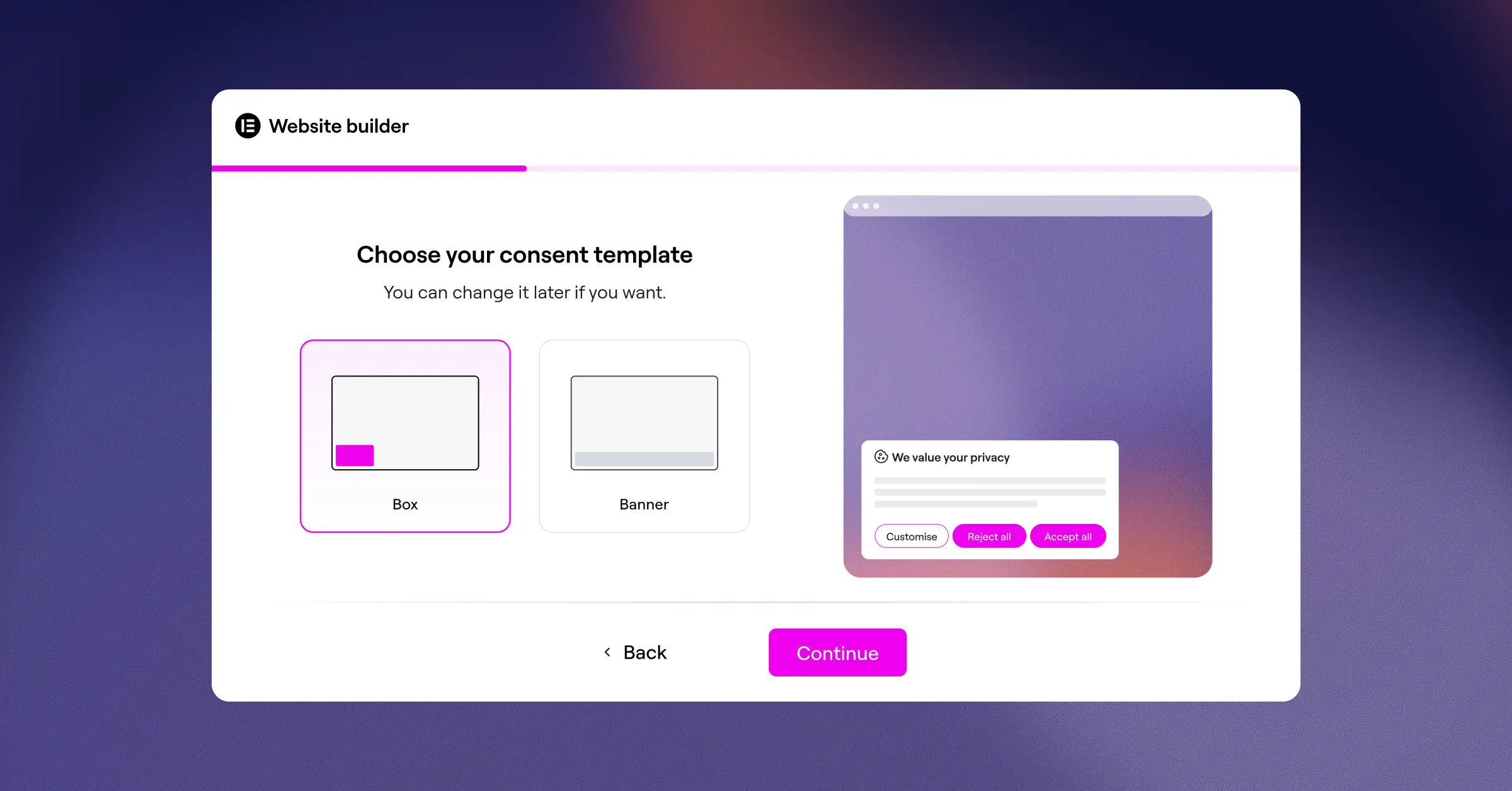Cookie Consent three-step setup wizard in the WordPress dashboard