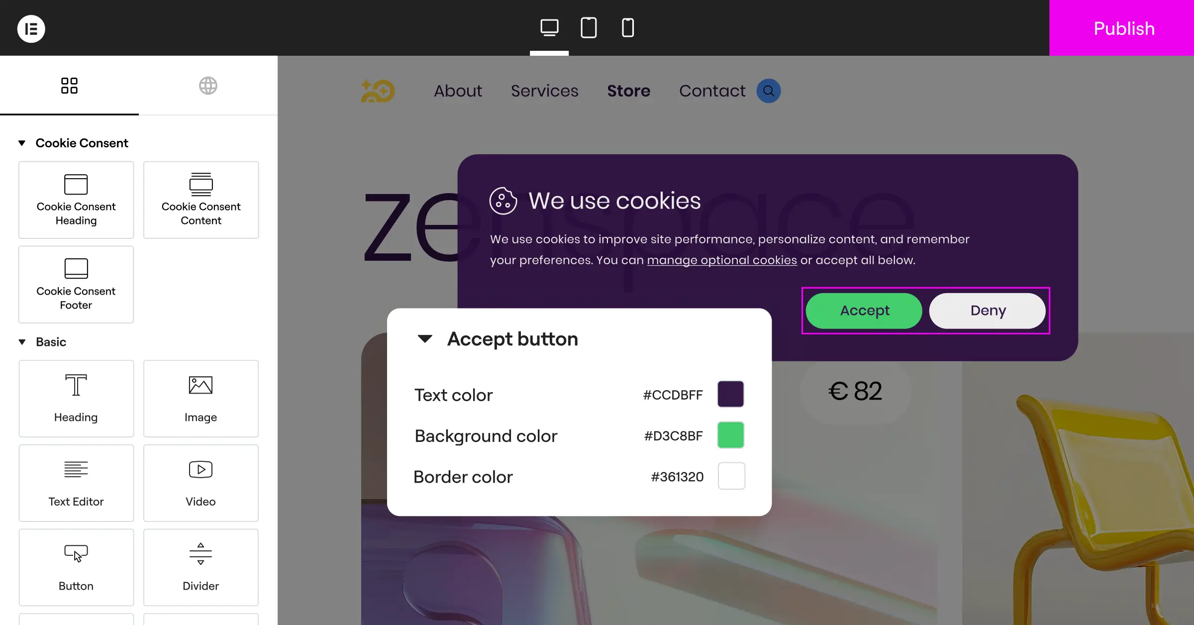 Designing a consent banner inside the Elementor-integrated WordPress dashboard