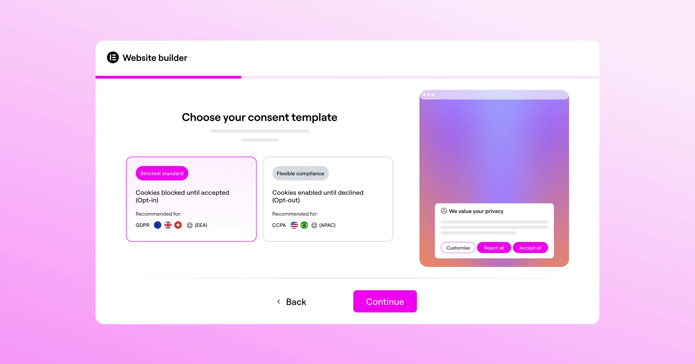 Two different cookie consent banner templates available in Elementor