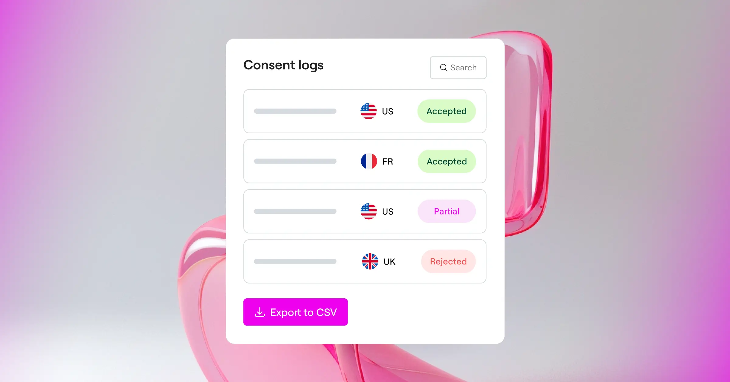 Cookie Consent audit log dashboard showing visitor consent records for GDPR compliance