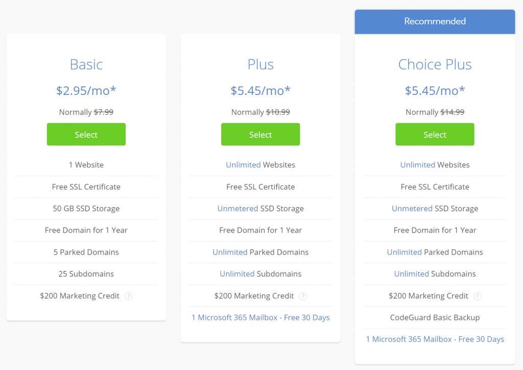 plan tarifaire de bluehost