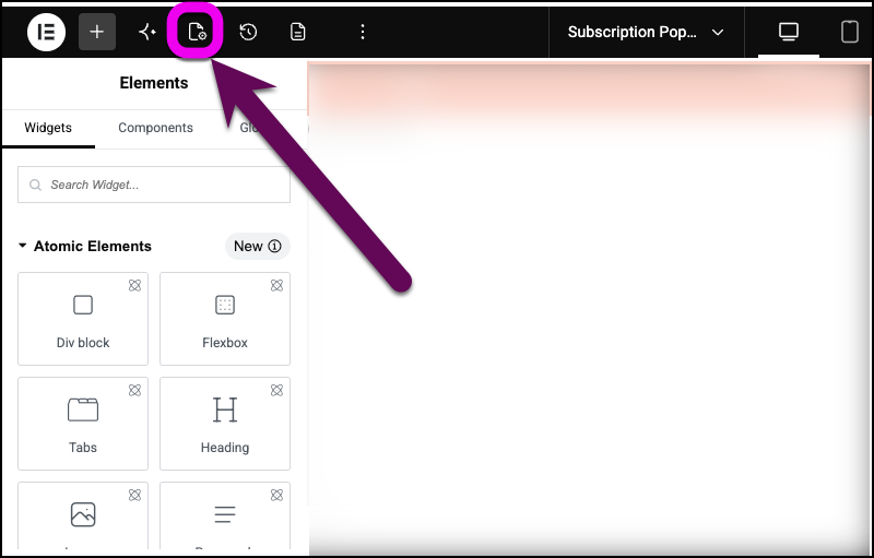 The Elementor top bar with the Popup settings icon highlighted