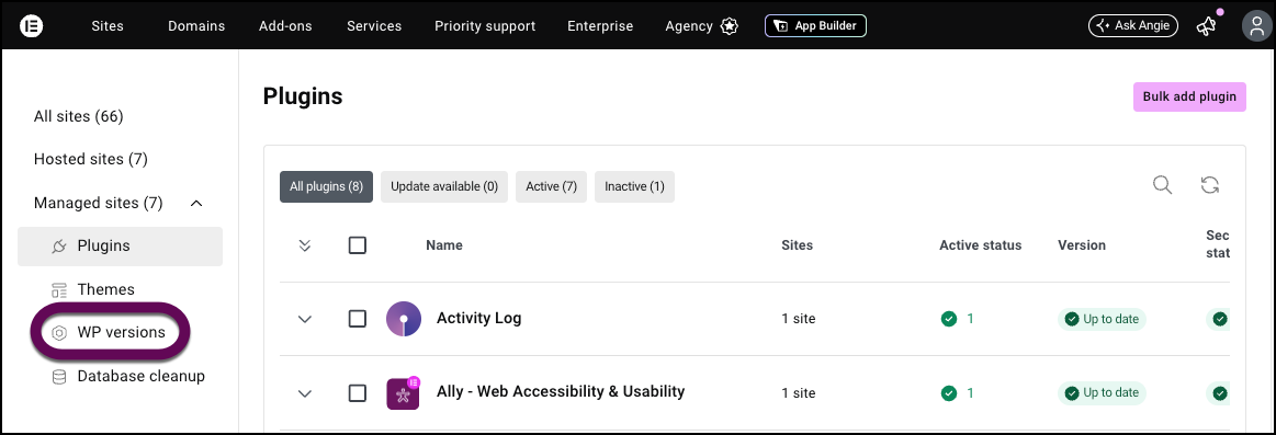 Click WP versions to update the WordPress version your site uses
