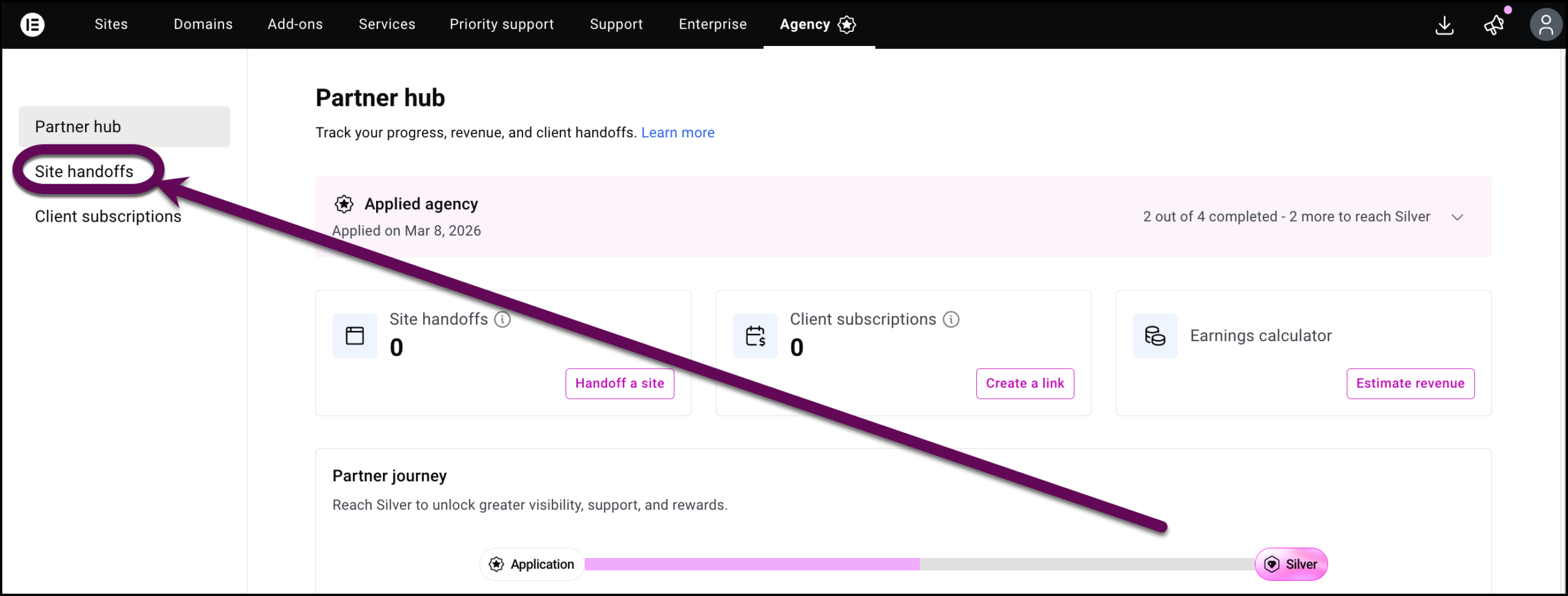 The Site handoffs link in the panel