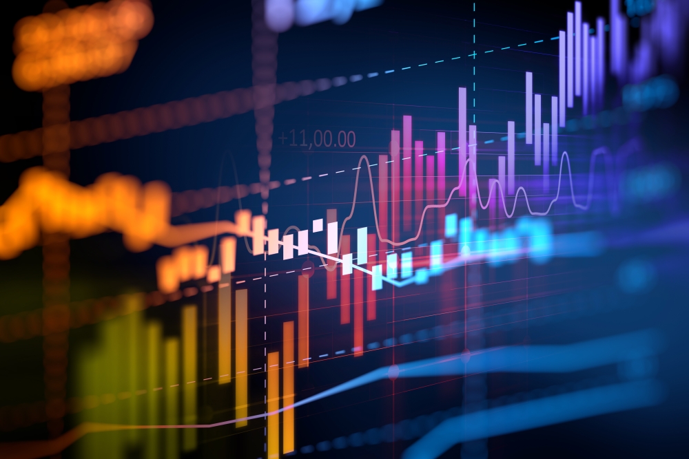 a dramatic chart of stock markets graphs in colour