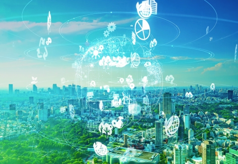 a fictional depiction of sustainable icons against a city background in blue, green and white colors