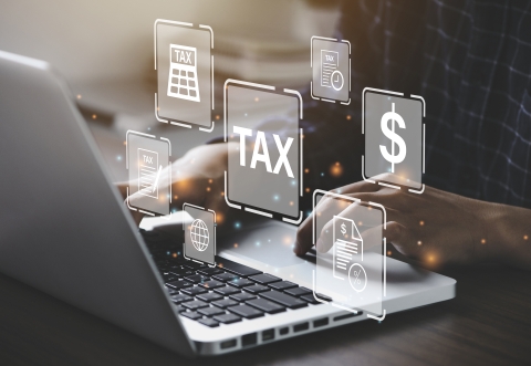 hands typing on a laptop on a backdrop of the words Tax and Dollar sign